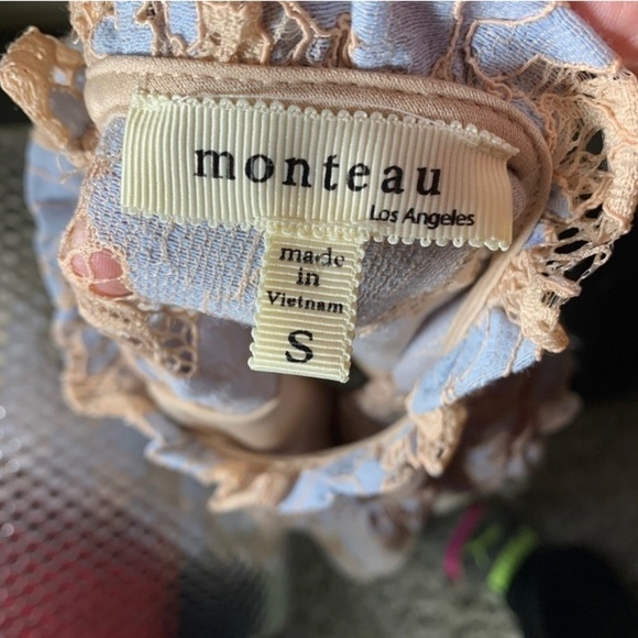 monteau Feminin Blue Floral Crochet Lace Top XS Baby Doll Cap Ruffle Sleeves - Picture 7 of 8